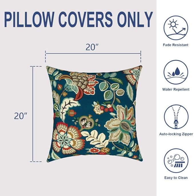 Pack of 2 Patio Throw Pillow Covers ONLY, Water Repellent Cushion Cases 20x20 Inch, Square Pillowcases for Outdoor Couch Decoration, Peacock Blue