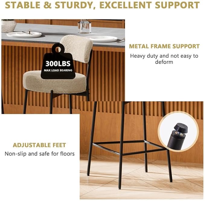 DYHOME Bar Stools Set of 2, 24 Inches Modern Counter Height Bar Stools with Curved Back Metal Legs, Light Brown Upholstered Boucle Barstools for Kitchen Island, Cafe