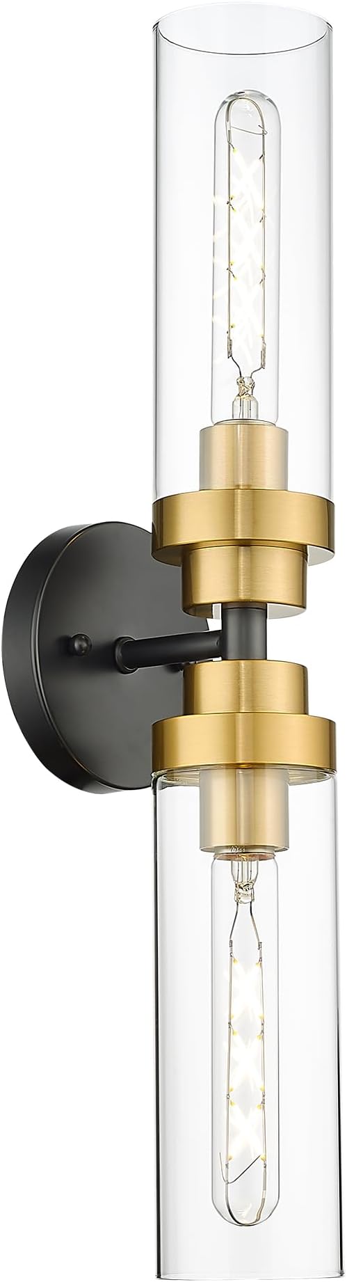 Emak Black and Gold Vanity Lights for Mirror, Modern 22 Inch Bathroom Light Fixtures with Clear Glass Shade, 2-Light Cylinder Wall Sconce for Bathroom, Bedroom, Hallway, VL085-BKBGD-2