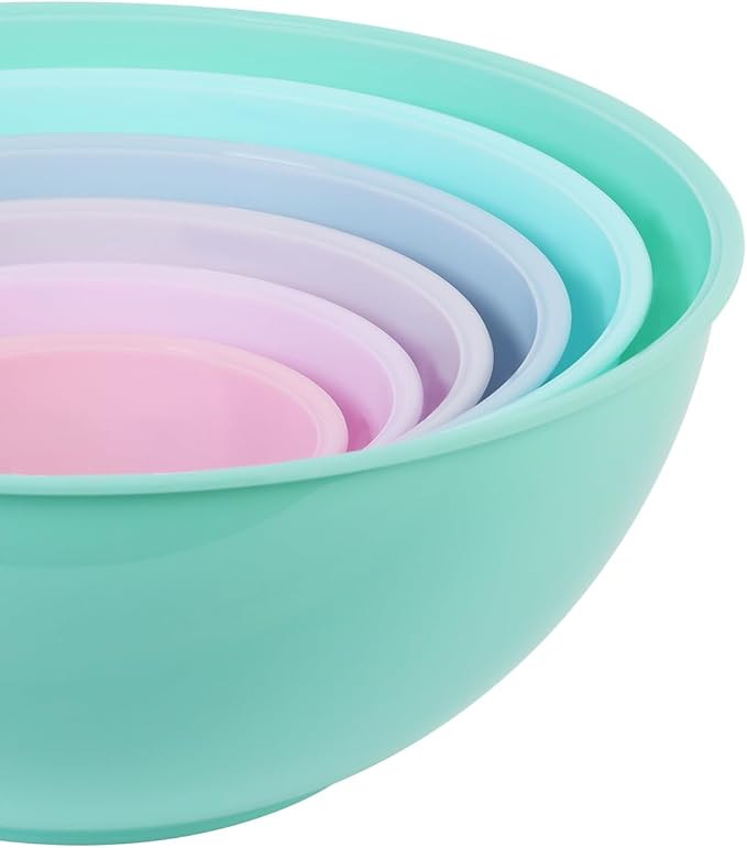 BoxedHome BPA Free Plastic Round Mixing Bowl with Lids, 12 Pack Nesting Bowls with Lids Set, Microwave and Dishwasher Safe Prep & Serving Bowls Great for Mixing, Baking, Serving (pinkish green, 12pcs)