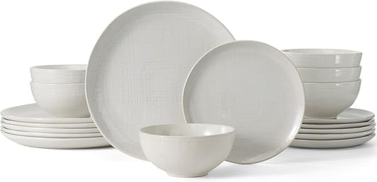 Famiware Moonlight Plates and Bowls Sets, 18 Pieces Stoneware Dinnerware Sets with Linen Finish, Handmade Dishware set for 6, Microwave and Dishwasher Safe, Scratch Resistant Tableware, White