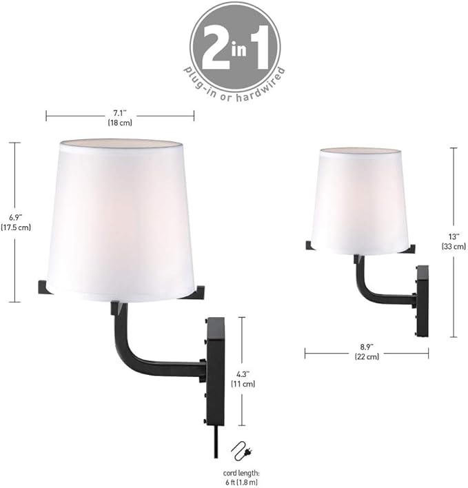 Globe Electric 51515 Valerie 1-Light Plug-in or Hardwire Wall Sconce, 6ft Black Fabric Covered Cord, Inline On/Off Rocker Switch, Dark Bronze with White Shade, Bulb Not Included