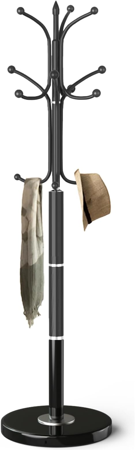 Coat Rack with Natural Marble Base, Metal Modern Coat Racks Freestanding, Coat Rack Stand with 12 Hooks, Coat Tree Hats Hanger Stand for Entryway, Hallway (12 Hooks-Black)