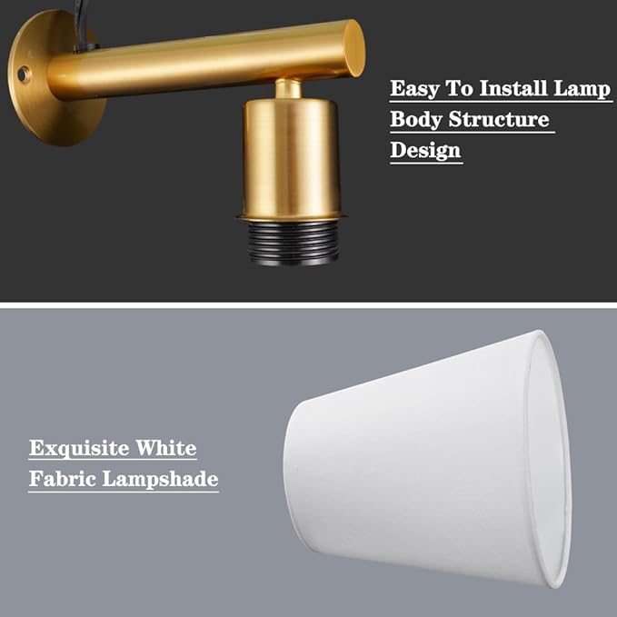 Gold Plug in Wall Sconces Set of Two, Brass Wall Sconce Lights for Bedroom Plug in, Wall Lamp with On/Off Switch Cord, Bedside Plugged Wall Mounted Light with Fabric Linen, Wall Decor for Living Room