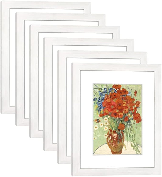 8x10 Picture Frame Set of 6 with Real Glass for Pictures 5x7 with Mat or 8x10 Without Mat, Wall or Tabletop Gallery Photo Frames White
