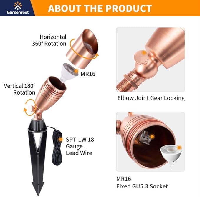 Landscape Spotlights Low Voltage - Brass 12V Outdoor Uplight LED, Wired Spot Lights IP65 Waterproof, Copper for Exterior Garden Yard Tree House with 5W 2700K Warm White MR16 Bulb