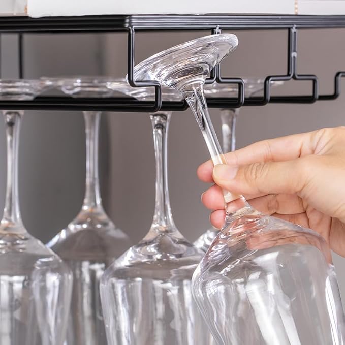 Wine Cup Holder Table Decoration Storage Hanger Metal Organizer for Bar Kitchen Stemware Rack Under Cabinet Stainless Steel Hanger Storage Shelf Black (Black, 3 Rows 2 Packs)