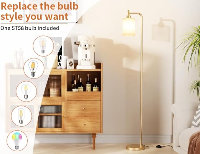 Floor Lamps for Living Room - Industrial Standing Lamp with Frosted White Glass Shade, Modern Gold Floor Lamp with LED Bulbs, Farmhouse Floor Lamp for Bedroom, Tall Lamp for Office - Gold