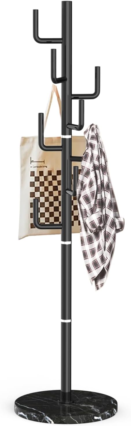 Modern Metal Coat Rack Stand with Natural Marble Base, Heavy Duty Coat Rack Freestanding with 8 Hooks, Black Cactus Standing Coat Racks for Bag, Jacket, Entryway Office (Black Cactus)