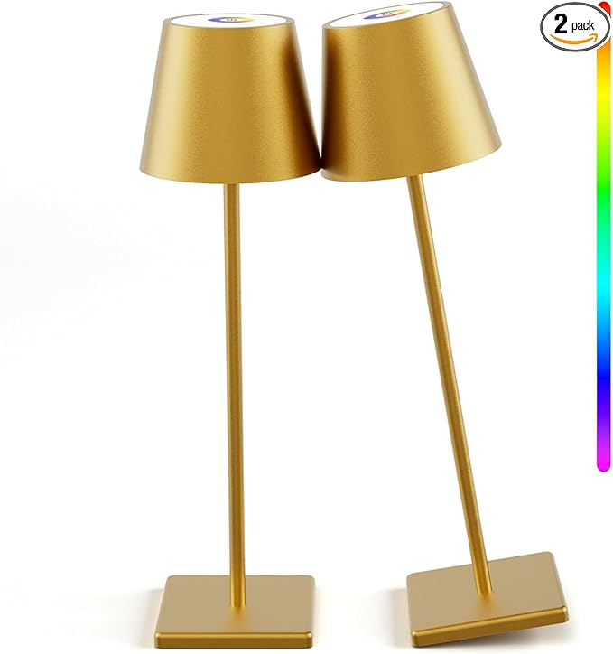 2-Pack LED Cordless Table Lamp with RGB & Stepless Dimming, 3W 5500mAh Rechargeable Desk Lamps Battery Operated Table Light Stepless Dimmable Portable Table Lamp for Table/Bedroom/Outdoor (Gold)