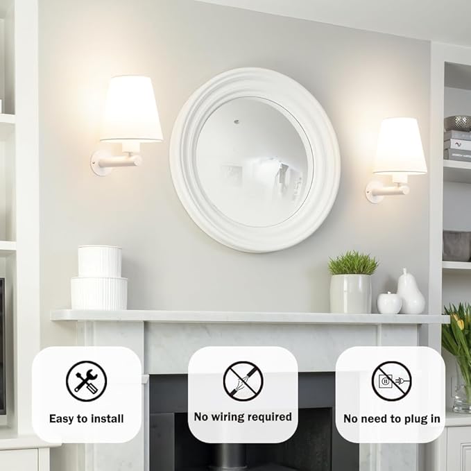 Battery Operated Wall Sconces Set of Two, White Wireless Sconces Set of 2 with Remote, 12RGB Color Rechargeable Cordless Sconces Wall Lighting, Wall amp with Retachable Bulb for Bedroom Living Room