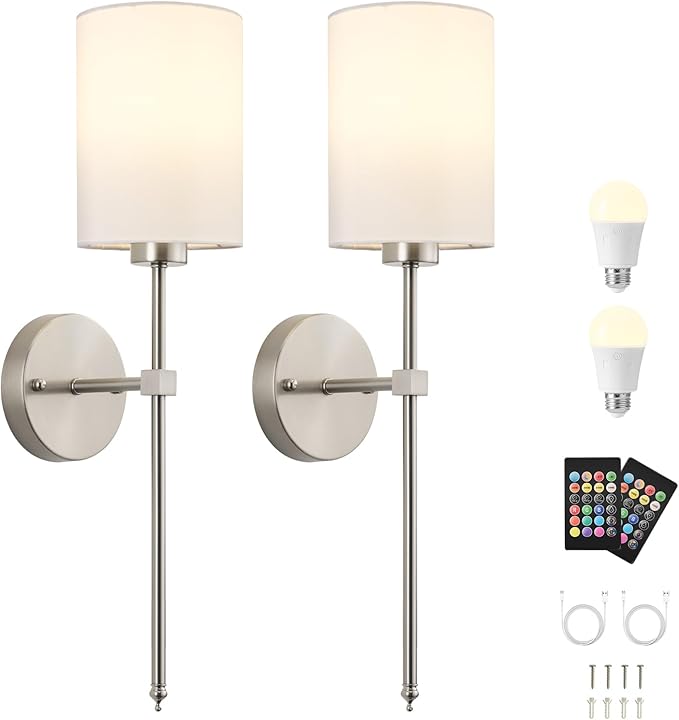 Battery Operated Wall Sconce Set of Two,Wireless Rechargeable Wall Light With Remote Control, Dimmable, 1800K/3000K/4000K/6000K/RGB, Timer, for Living Room, Bedroom, Fireplace, TV, 26.8 Inch, Nickel