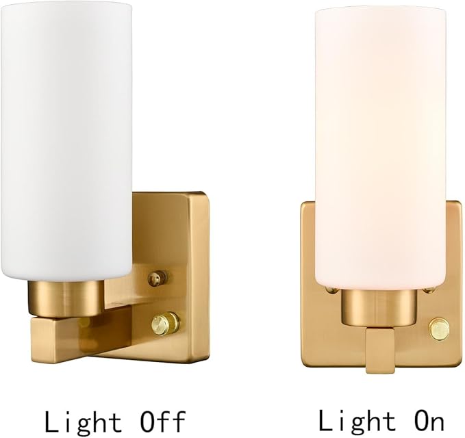 Modern Plug in Wall Sconce with Cord Brass Bathroom Vanity Light with Milky White Cylinder Glass Shade Set of 2
