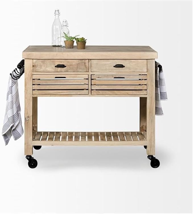 Pemberly Row Light Brown Base w/Black Iron Knobs Rolling Kitchen Island