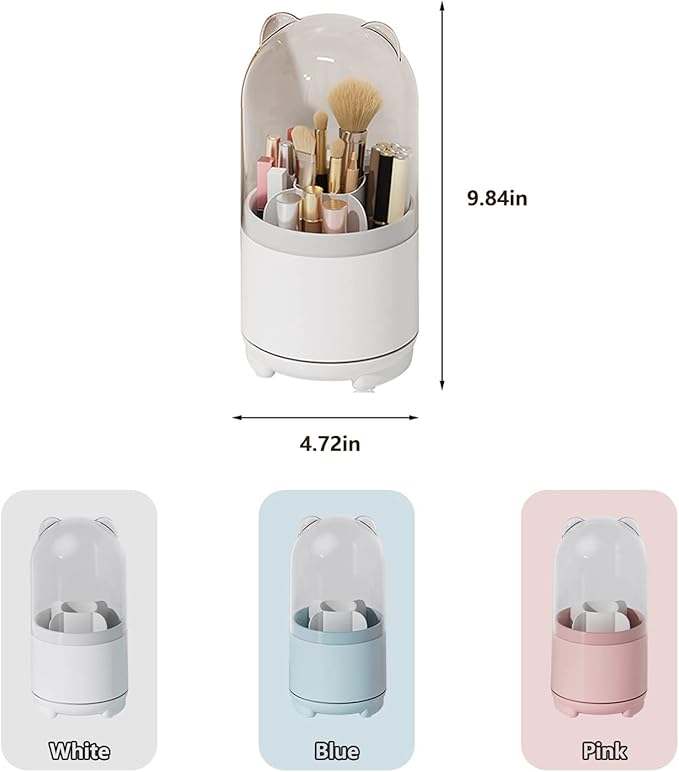 Cute Makeup Brush Holder Organizer with Lid, Rotating Dustproof Make Up Brushes Container with Clear Acrylic Cover for Vanity Desktop Bathroom Countertop