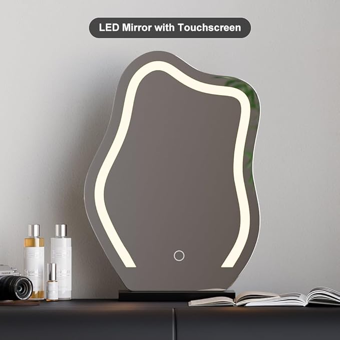 homary Black Makeup Vanity Set with LED Mirror and Dressing Stool, Modern PU Leather Dressing Table with Drawers for Bedroom, Ideal for Women Girls (Black)