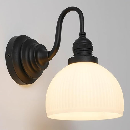 Vintage Wall Sconce Light, Black Bathroom Vanity Light with Striped Bowl Milk Glass Farmhouse Hardwire Wall Mounted Lamp for Bathroom Mirror Living Room Bedroom Kitchen E26 Indoor