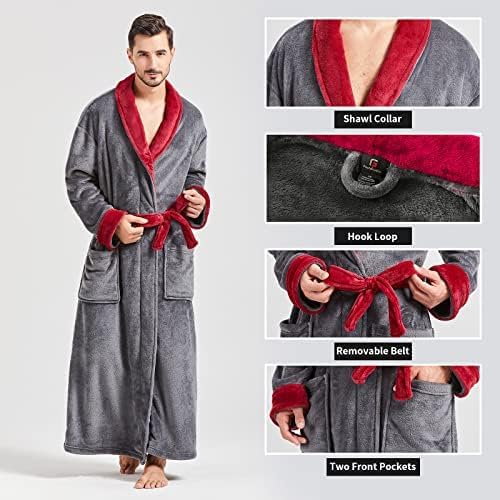 FashGudim Mens Robes Big and Tall Full Length Plush Fleece Long Robe for Men Bathrobe Shawl Collar Warm Winter House Robes