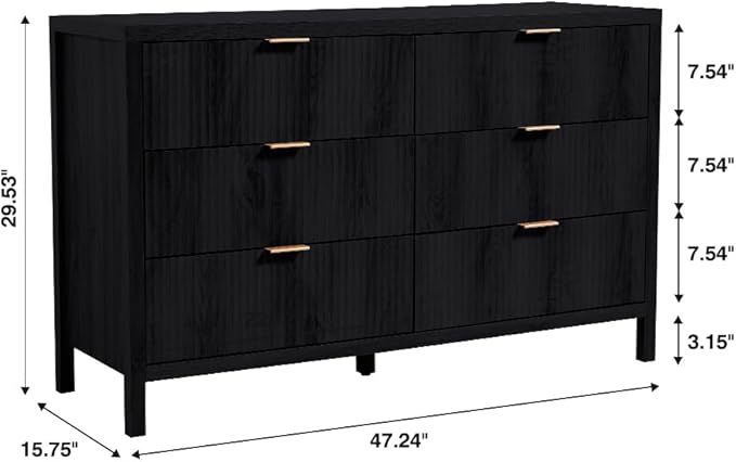 Fluted 6 Drawer TV Stand Dresser for Bedroom, Mid Century Modern Dresser with Drawers, Storage Organizer with 6 Drawers, Fluted Cabinet for Closet Cloth, Living Room, Entryway -Black