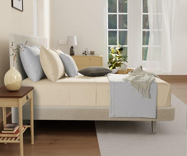 Twin XL 100% Cotton Sheets For Twin Bed, 300TC Fully Elasticated Fitted Sheet & Pillowcase Sets, Fade Resistant Soft & Comfy Deep Pocket Sheets Machine Washable, Naturally Cool & Breathable- Ivory