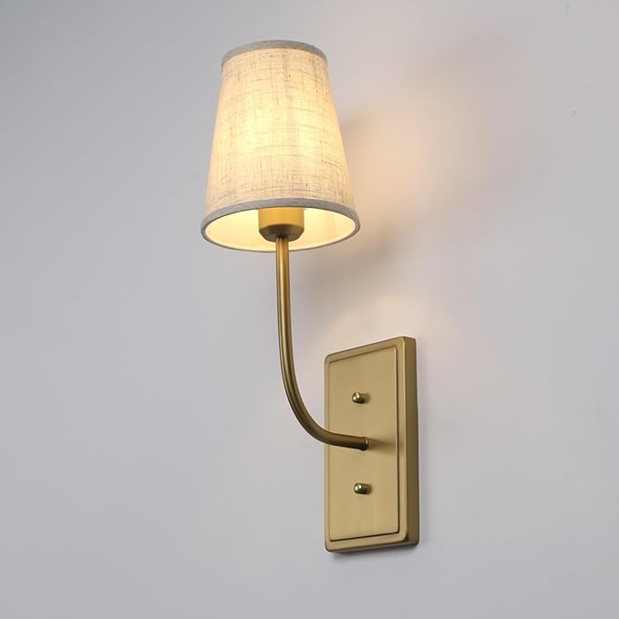Farmhouse Brass Wall Sconce 1-Light, Linen Fabric Shade Wall Lamp Hardwired Indoor Wall Light for Bedroom Living Room Vanity Bathroom (Linen Cloth 2-Pack)