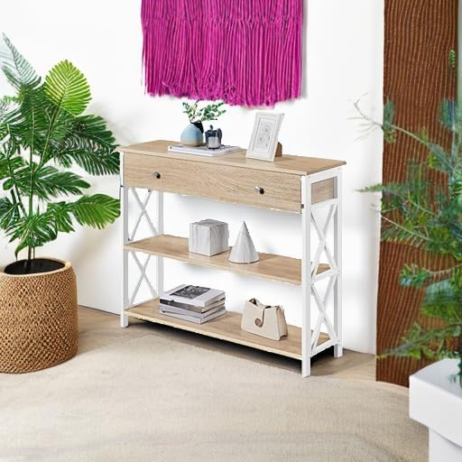 Yaheetech Console Table with Drawer, Narrow Sofa Table with Storage Shelves for Living Room, 3-Tier Entryway Tables with Metal Frame, Light Oak