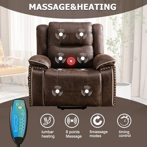 Phoenix Home Dual Motor Power Lift Chair for Elderly, Lift Chairs with Massage and Heat, Leather Electric Chairs for Adults, Recliner Chair with USB, 2 Concealed Cup Holders, Brown