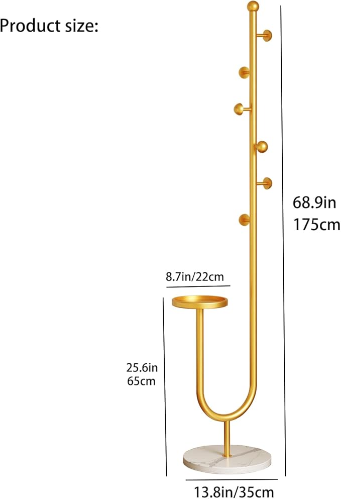 Coat Rack,Metal Free Standing Coat Stand with marble base, Hall Coat Tree with 6 Hooks and Storage Tray,68.9 Inch Tall, for Coats, Hats, Bags, for Entryway, Hallway, Bedroom (gold)