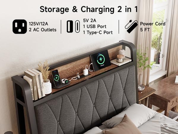 Twin Size Bed Frame with Side Storage Shelf, Ergonomic Upholstered Headboard with Charging Station, Twin Platform Bed Frame, Metal Slats Support, No Box Spring Needed, Easy Assembly, Black