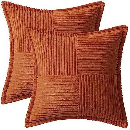 MIULEE Rust Fall Decorative Euro Sham Throw Pillow Covers for Couch Bed Livingroom 22x22 Inch Set of 2 Boho Accent Throw Pllows Broadside Striped Patchwork Soft Corduroy Pillowcases