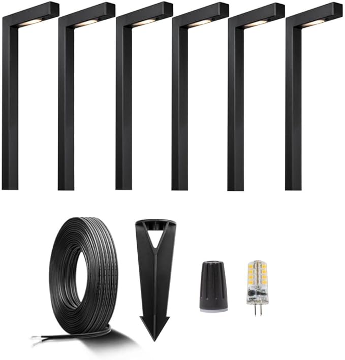 Brass Low Voltage Black Path Lighting Kit (6 Pack Path Lights) with 100 Feet Cable and 30Pack Wire Connectors for Outdoor Pathway House Garden Patio Without Transformer