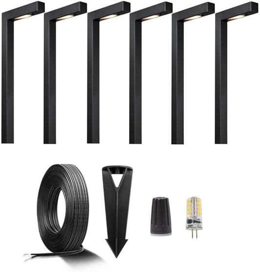 Brass Low Voltage Black Path Lighting Kit (6 Pack Path Lights) with 100 Feet Cable and 30Pack Wire Connectors for Outdoor Pathway House Garden Patio Without Transformer