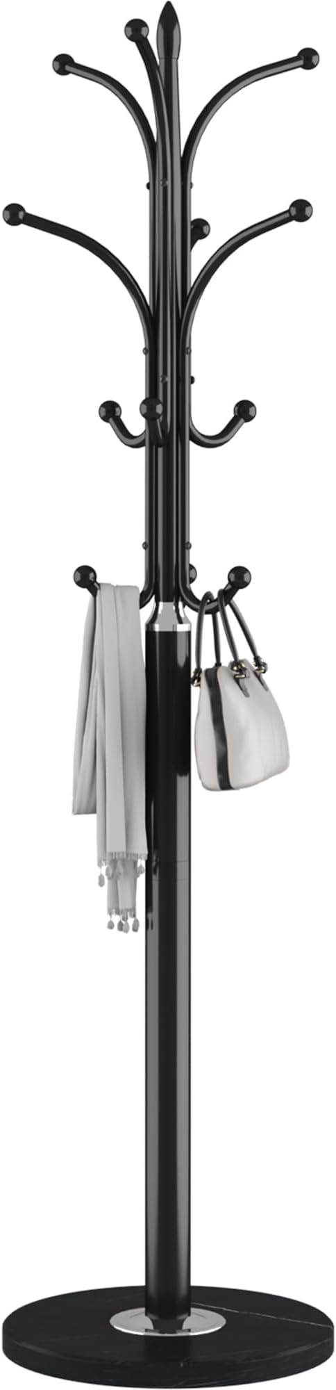 HOMEFORT Metal Coat Rack Stand,Free Standing Hat Hanger with Marble Base,Hall Tree with 12 Hooks for Hanging Hat,Clothes,Bag,Entryway Storage Organizer,Black