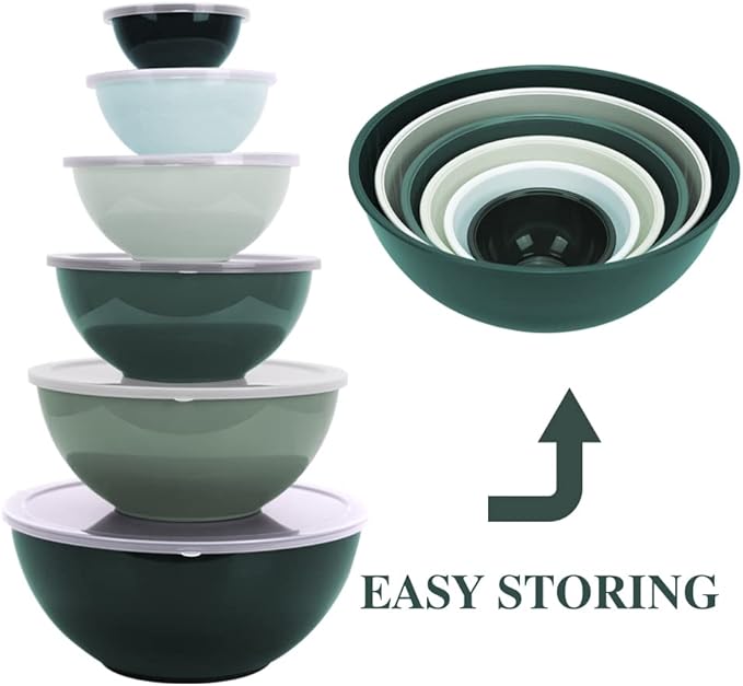 BoxedHome BPA Free Plastic Round Mixing Bowl with Lids, 12 Pack Nesting Bowls with Lids Set, Microwave and Dishwasher Safe Prep & Serving Bowls Great for Mixing, Baking, Serving (Green, 12pcs)