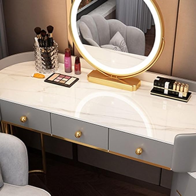 KWOKING Contemporary Make-up Vanity with Slate Stone Top & Storage Drawers Bedroom Dressing Table Storage Cabinet Integrated Table Gray White - Makeup Vanity & Mirror & Petal Chair 47"L x 16"W x 31"H