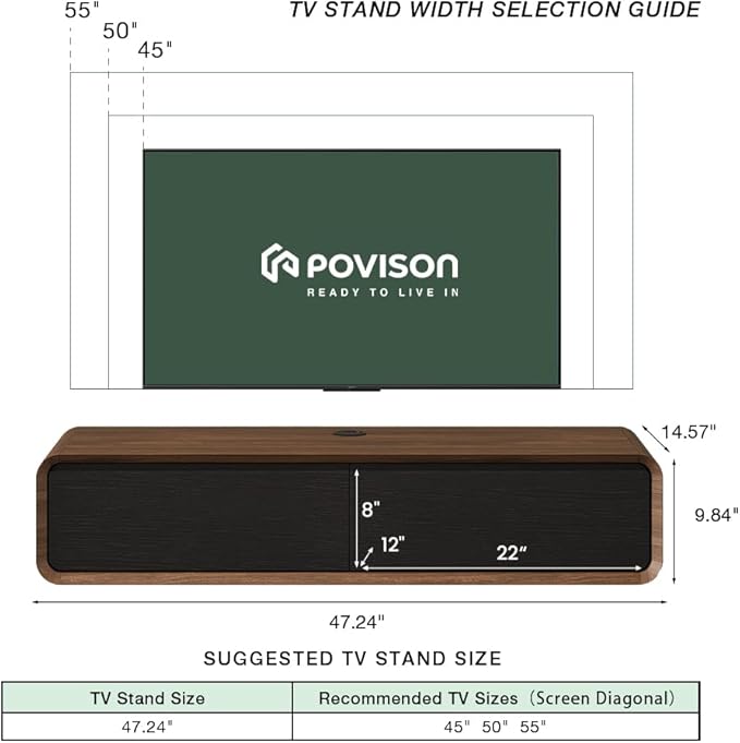 POVISON Fully-Assembled Minimalist Floating TV Stand, Modern Wall-Mounted Entertainment Center with 2 Flip-Down Cabinet Doors, Solid Wood Media Console, Walnut & Black, 47.24"
