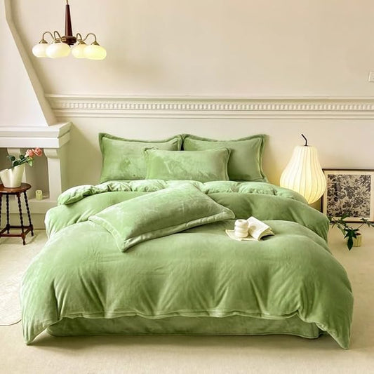 Luxlovery Sage Green Velvet Comforter Set Full Size Dusty Green Plush 3 Piece Bedding Sets Full Fluffy Comfy Soft Quilted Lightweight Durable Bedding Set with 2 Pillowcases Women Men Adults Teens