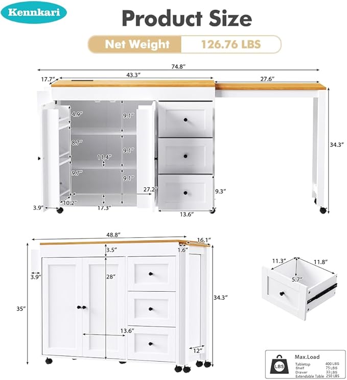 74.8" Rolling Kitchen Island with Extendable Dining Table, Kitchen Storage Cart with 3 Drawers and Power Outlet, Mobile Island Table with Spice Rack and Double-Door Cabinet (White)