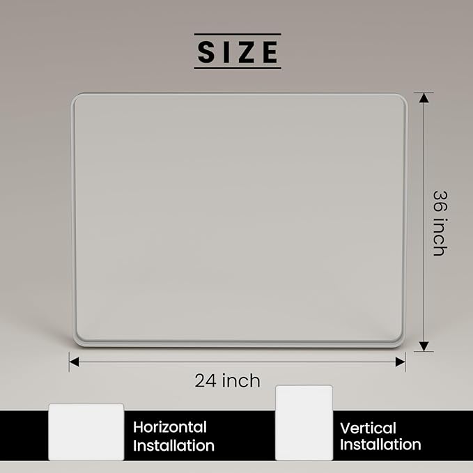 Brushed Nickel Bathroom Mirror 24x36 Inch, Brushed Silver Metal Frame Mirror Wall Mounted, Rounded Rectangle Bathroom Vanity Mirror, Tempered Glass, Anti-Rust, Horizontal/Vertical