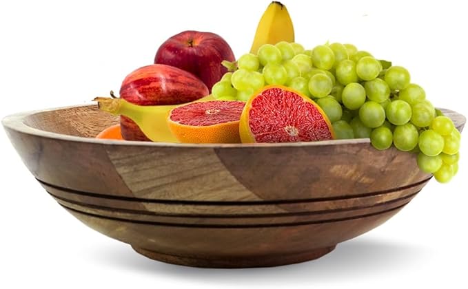 Folkulture Wooden Fruit Bowl for Kitchen Counter | 11" Large Premium Eco Friendly Banana Fruit Basket for Kitchen | Mango Wood Bowl for Table Decor, Centerpiece for Dining Table