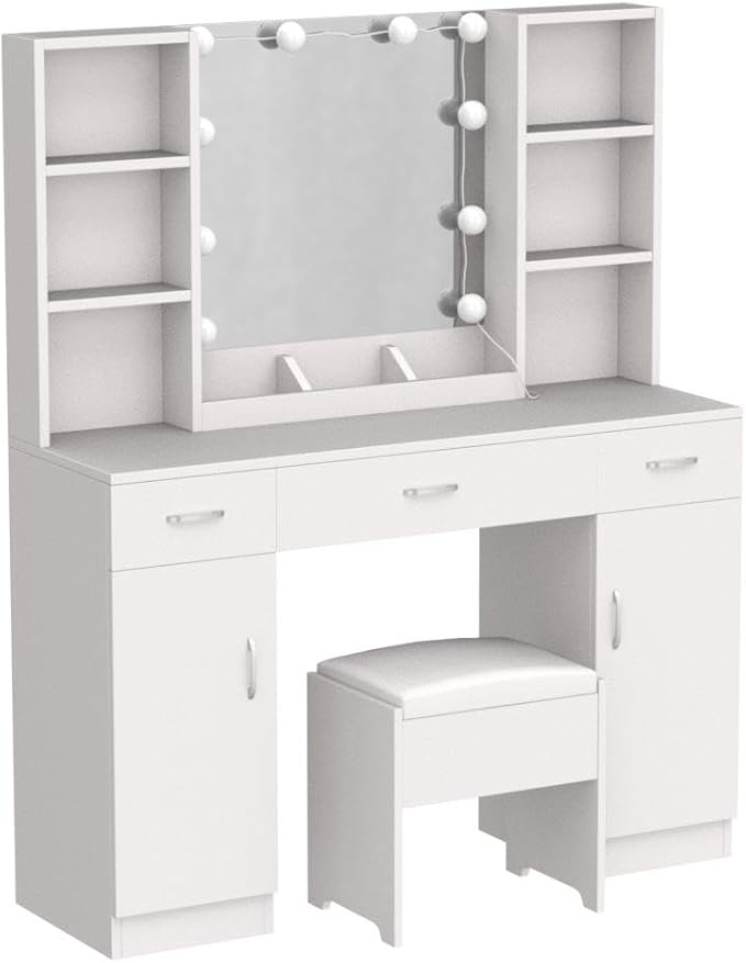Vabches Makeup Vanity Desk with Lights, 3 Lighting Colors, White Vanity Set Makeup Table, Large Vanity with 3 Drawers, 2 Cabinets and Multiple Shelves, 45.2in