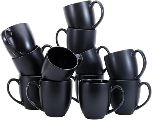Amazon Basics 12-pack Matte Black Ceramic Coffee Mug, 16 ounces, Microwave-Safe, Stoneware, Commercial-grade