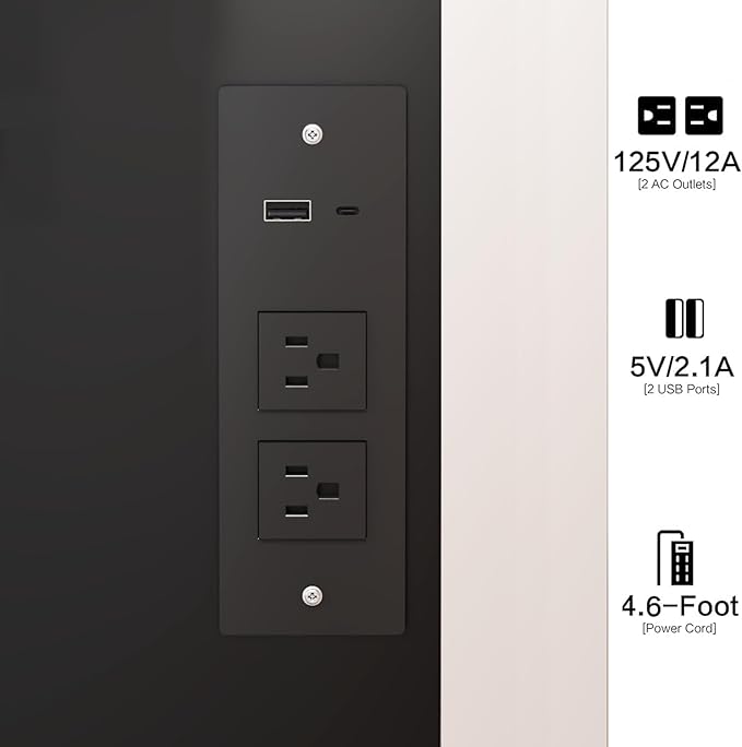 31.5" Small Vanity Desk with Round Mirror and Lights, Makeup Table with 2 AC+2 USB Power Station, Hair Dryer Bracket, Vanity Set with Drawers and Stool for Small Space Bedroom, Black