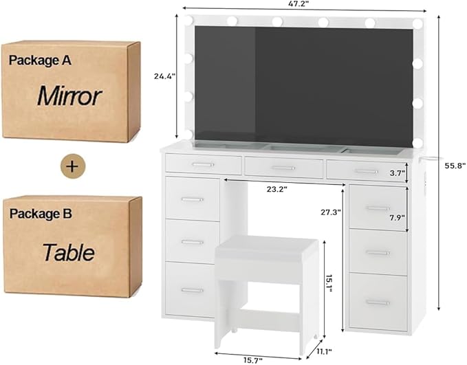 Likein Vanity Desk Set with Mirror and Lights & Power Strip, 47" Glasstop Vanity Makeup Desk with 9 Drawers for Girls, Lights Adjustable Large Hollywood Mirror Dressing Table with Chair for Bedroom