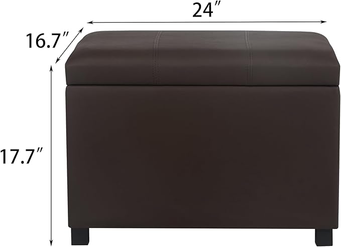 Asense 24'' Small Square Ottoman with Lift Off Lid, Storage Cube Leather Ottoman for Foot Rest, Footstool for Dorm, Living Room, Bedroom,Espresso Brown