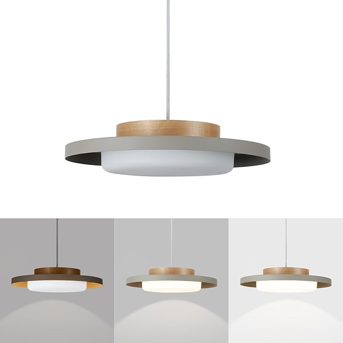 Modern Pendant Lights,15 inch,Natural Wood Cap,3000K/Warm White/22W Dimmable,LED Pendant Light Fixtures for Kitchen, Dining Room, Living Room,Gray