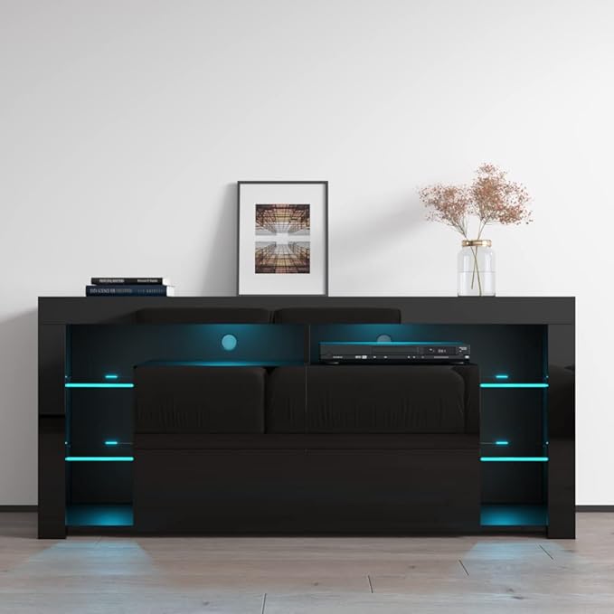Meble Furniture Minelli 61" TV Stand with LED Light System - Modern TV Stand with Storage Cabinets - LED TV Stand for Living Room - Media Entertainment Center Console Table for TVs up to 70'' - Black