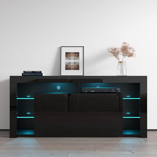 Meble Furniture Minelli 61" TV Stand with LED Light System - Modern TV Stand with Storage Cabinets - LED TV Stand for Living Room - Media Entertainment Center Console Table for TVs up to 70'' - Black