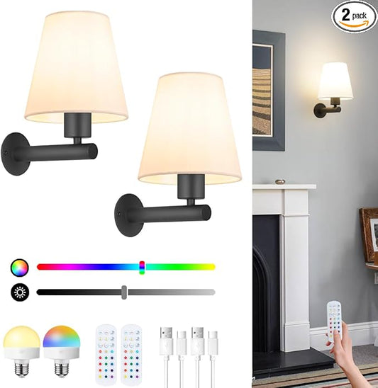 Battery Operated Wall Sconce Set of Two, Black Wireless Sconces Wall Lighting with Fabric, Battery Sconces Wall Decor with Remote Control, Dimmable Wall Light for Bedroom Living Room, Bulb Included