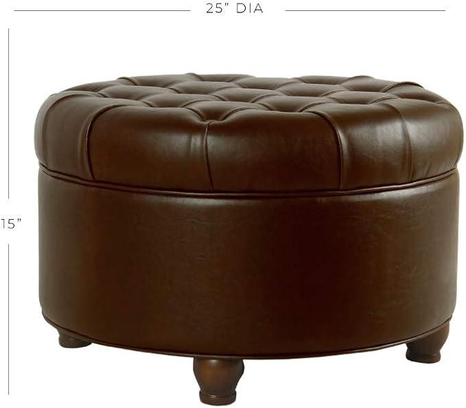 Homepop Home Decor | Button Tufted Faux Leather Round Storage Ottoman | Ottoman with Storage for Living Room & Bedroom (Distressed Brown)
